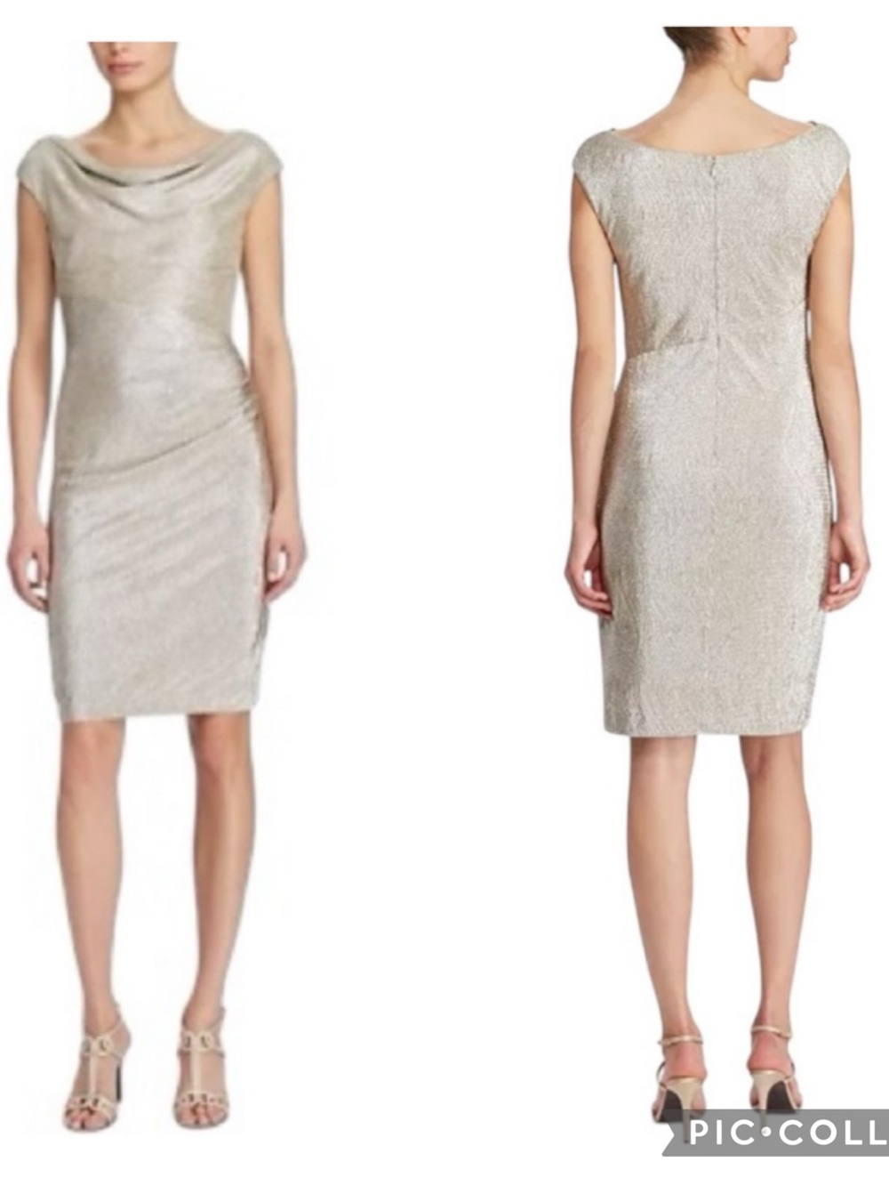 Lauren Ralph Lauren Champagne Gold Metallic Cowl Neck Sheath Dress Size 12